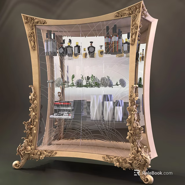 Entryway and Side Cabinet with Ornate Carved Frame Various Bottles Green Plants Books White Vases 3d model 