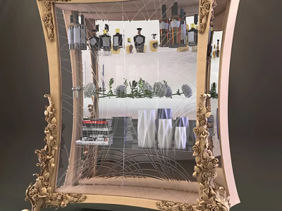 Entryway and Side Cabinet with Ornate Carved Frame Various Bottles Green Plants Books White Vases 3d model