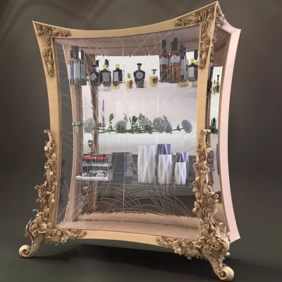 Entryway and Side Cabinet with Ornate Carved Frame Various Bottles Green Plants Books White Vases 3d model