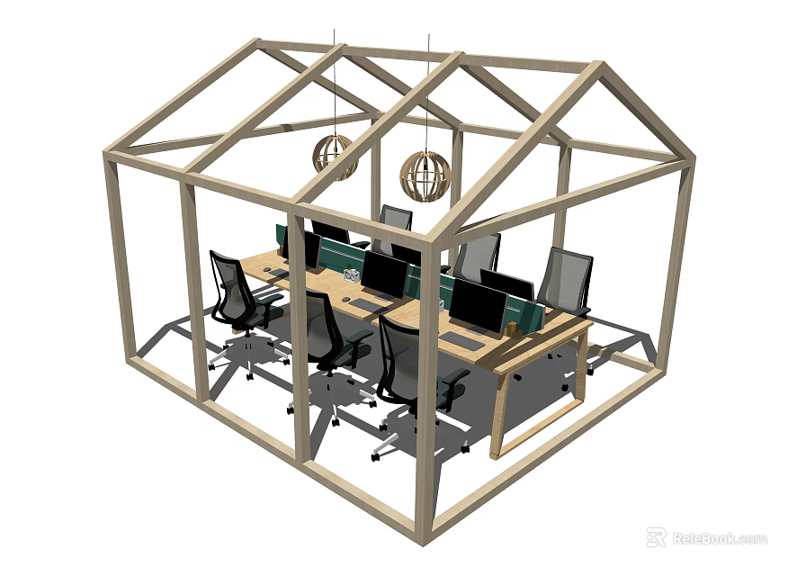 Modern Office Desk Setup In Glass Enclosure With Computers Office Chairs And Hanging Lights 3d model 