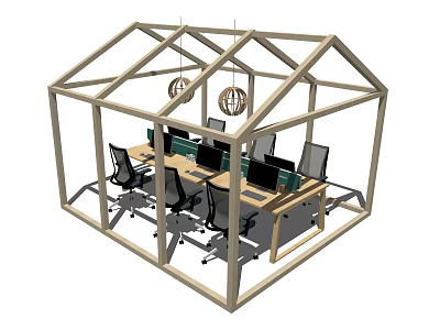 Modern Office Desk Setup In Glass Enclosure With Computers Office Chairs And Hanging Lights 3d model