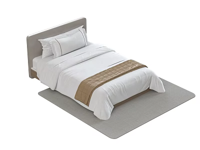 Single Bed with Light Gray Headboard White Sheets Pillows and Brown Blanket on Gray Rug 3d model