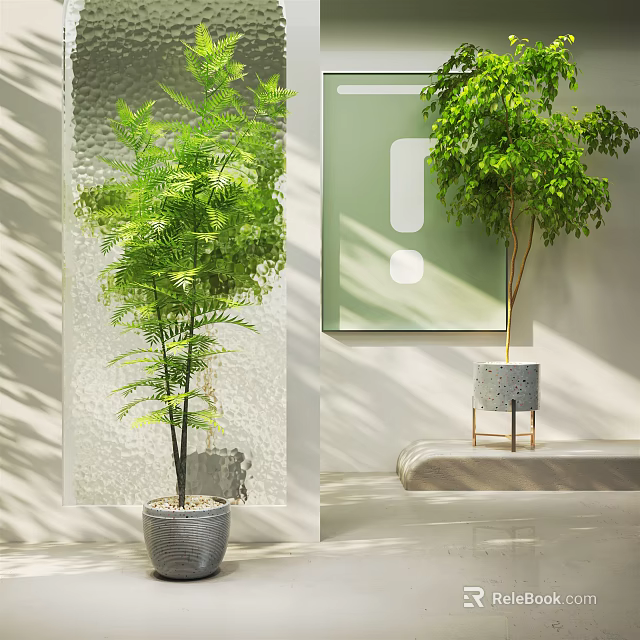 Lush Green Indoor Potted Plants In Gray Pots With Sunlight And Modern Interior 3d model 