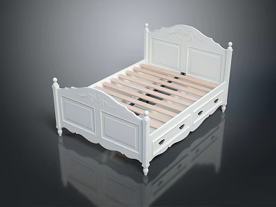 Elegant White Double Bed With Carved Headboard Footboard And Drawers Storage Design 3d model