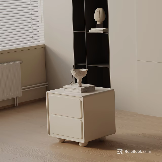 Modern Minimalist White Side Table with Two Drawers and Decorative Item in Living Room 3d model 