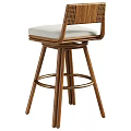 Modern Wooden Bar Stool With Woven Backrest White Cushion And Metal Ring Base