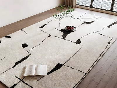 Square Carpet With Black White Abstract Pattern Open Book Small Plant On Wooden Floor 3d model
