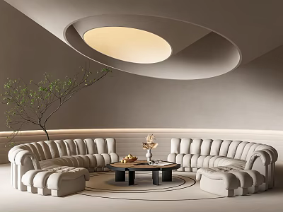 Curved Beige Sofa and Coffee Table Set with Decorative Items in Modern Living Room 3d model