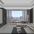 Modern Living And Dining Area Interior With Open Concept Large Windows City View Sofa Fireplace