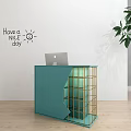 Modern Colorful Reception Desk Design With Metal Frame Lighting And Green Plants