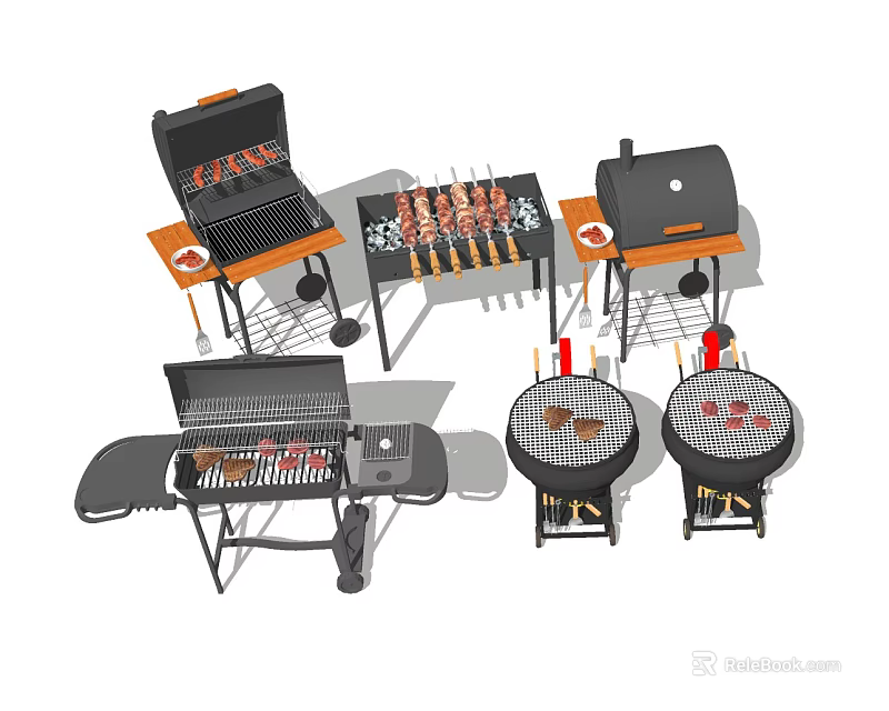 Various Barbecue Grills Including Skewers And Meat For Outdoor Cooking 3d model 