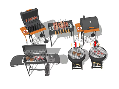 Various Barbecue Grills Including Skewers And Meat For Outdoor Cooking 3d model