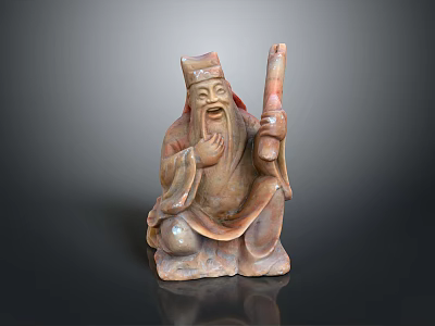 Traditional Man Stone Sculpture in Seated Pose With Bearded Face Holding Long Brownish Red Staff 3d model