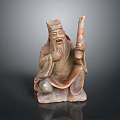 Traditional Man Stone Sculpture in Seated Pose With Bearded Face Holding Long Brownish Red Staff