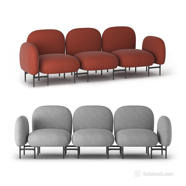 Modern Three Seater Sofa Design in Red and Gray with Black Metal Legs 3d model 
