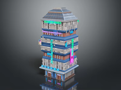 Multi Story Modern Building With Solar Panels And Colorful Decorative Elements 3d model