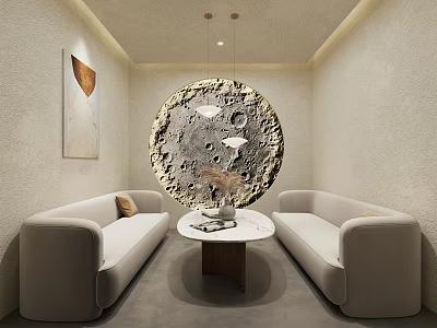 Minimalist Private Room With Sofas And Moon Decor 3d model