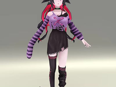 Game Movie Character With Black Red Hair Purple Outfit Striped Sleeves Black Short Skirt Boots 3d model