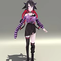 Game Movie Character With Black Red Hair Purple Outfit Striped Sleeves Black Short Skirt Boots