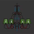 Green Woven Lampshade Chandelier With Bronze Metal Frame And Decorative Accents