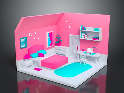 Pink Bedroom Interior With Bed Desk Nightstand Lamp Blue Rug And Moon Star Art 3d model