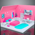 Pink Bedroom Interior With Bed Desk Nightstand Lamp Blue Rug And Moon Star Art