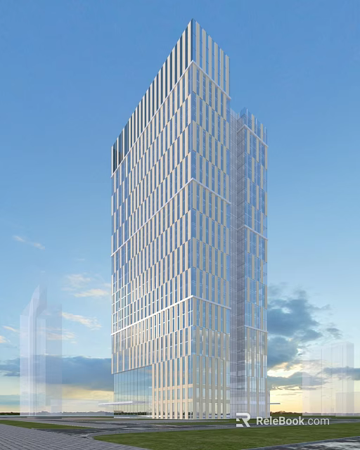 Modern Tall Office Building with Glass Facade and Metal Design under Blue Sky and Clouds 3d model 