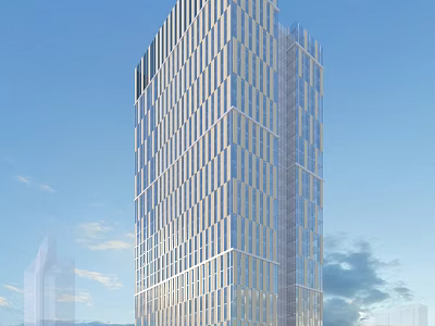 Modern Tall Office Building with Glass Facade and Metal Design under Blue Sky and Clouds 3d model