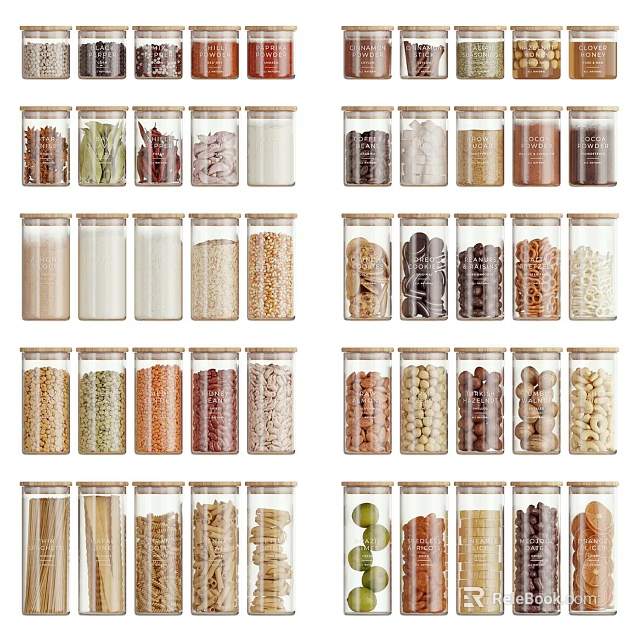 Transparent Airtight Spice Jars For Kitchen Storage With Various Spices And Grains 3d model 