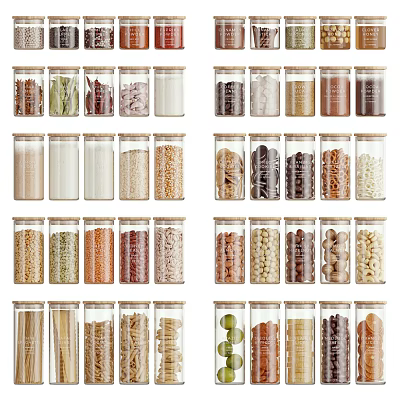 Transparent Airtight Spice Jars For Kitchen Storage With Various Spices And Grains 3d model