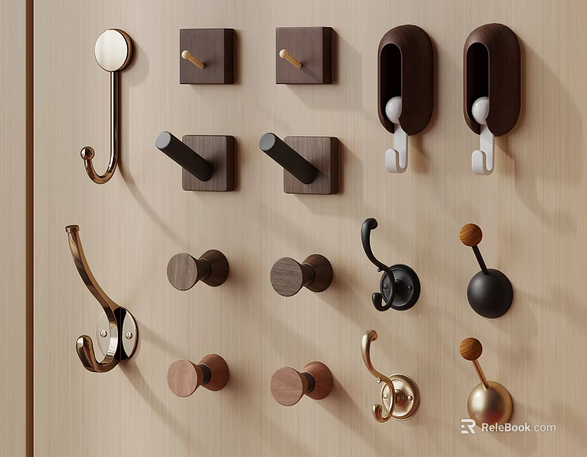 Various Decorative Wall Hooks With Metal And Wooden Designs On Wooden Surface 3d model 
