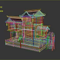 Traditional Chinese Wooden Building Model With Green Tiled Roof Red Lanterns And Water Wheel
