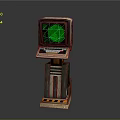 Vintage Industrial Control Console With Green Screen And Warning Striped Stand