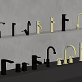 Stylish Modern Faucets In Black Gold Colors And Various Designs Displayed On Shelves