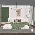Modern Bedroom Interior Design With Green Wall Artwork Chandelier And Throw Blanket Rug