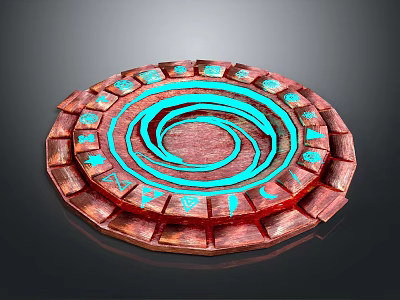 Ornate Wooden Circular Architectural Decor With Spiral Blue Accents And Intricate Symbols 3d model