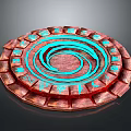 Ornate Wooden Circular Architectural Decor With Spiral Blue Accents And Intricate Symbols