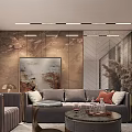 Modern Sofa and Coffee Table Set With Gray Sofa Colorful Pillows Marble Top Artwork Plants