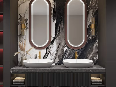 Modern Double Washbasin Vanity With Gold Faucets Oval Illuminated Mirrors And Marble Backsplash 3d model