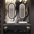 Modern Double Washbasin Vanity With Gold Faucets Oval Illuminated Mirrors And Marble Backsplash