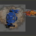 Blue Mech Warrior Character With Flamethrower And Gun Firing Flames On Textured Base