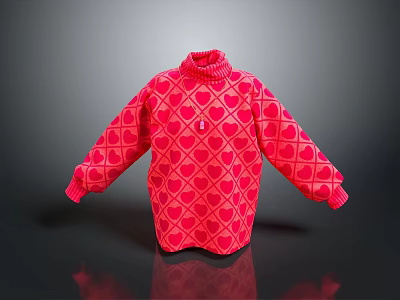Stylish Red High Neck Casual Sweater Featuring Heart And Diamond Patterns 3d model