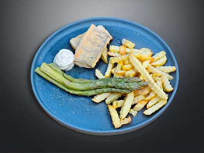 Crispy Fried Fish Fillet With Golden Fries Fresh Asparagus And Creamy Sauce On Blue Plate 3d model