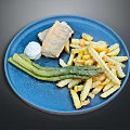 Crispy Fried Fish Fillet With Golden Fries Fresh Asparagus And Creamy Sauce On Blue Plate
