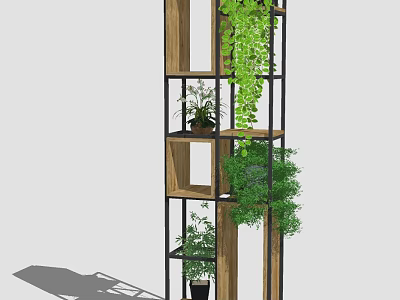 Modern Shelving Unit With Layered Wood Metal Design And Green Plants 3d model