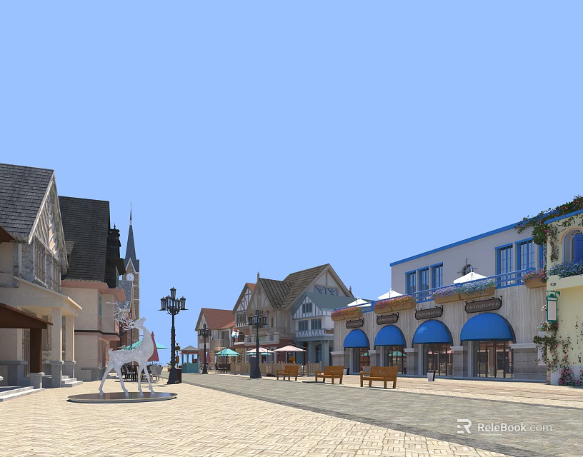 Charming Commercial Street With European Style Buildings Blue Awnings Outdoor Seating And Lamp Posts 3d model 