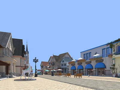 Charming Commercial Street With European Style Buildings Blue Awnings Outdoor Seating And Lamp Posts 3d model
