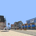 Charming Commercial Street With European Style Buildings Blue Awnings Outdoor Seating And Lamp Posts