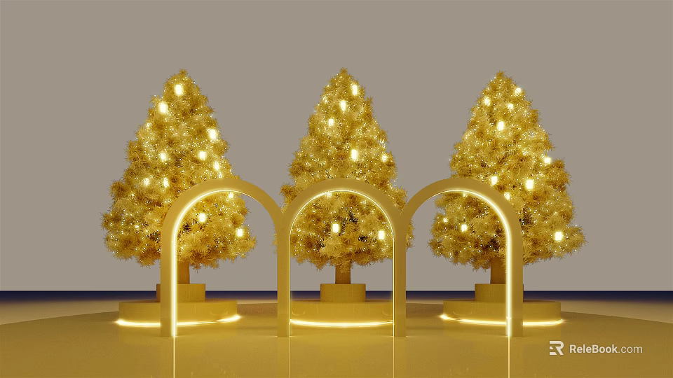 Festive Golden Christmas Trees With Lighted Arches And Illuminated Bases 3d model 