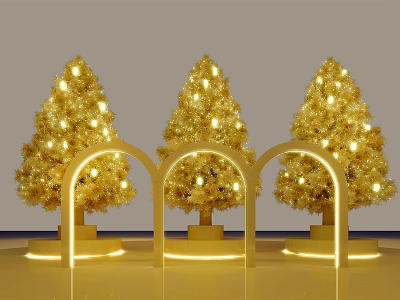 Festive Golden Christmas Trees With Lighted Arches And Illuminated Bases 3d model